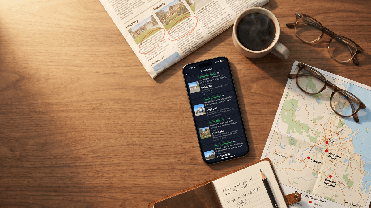 iPhone showing FlipPro's Hot Opportunities feed of four scored Australian property opportunities in Queensland, on a walnut workbench in a morning-brief composition with a folded financial newspaper showing circled listings, coffee mug, horn-rimmed reading glasses and a paper map of South-East Queensland