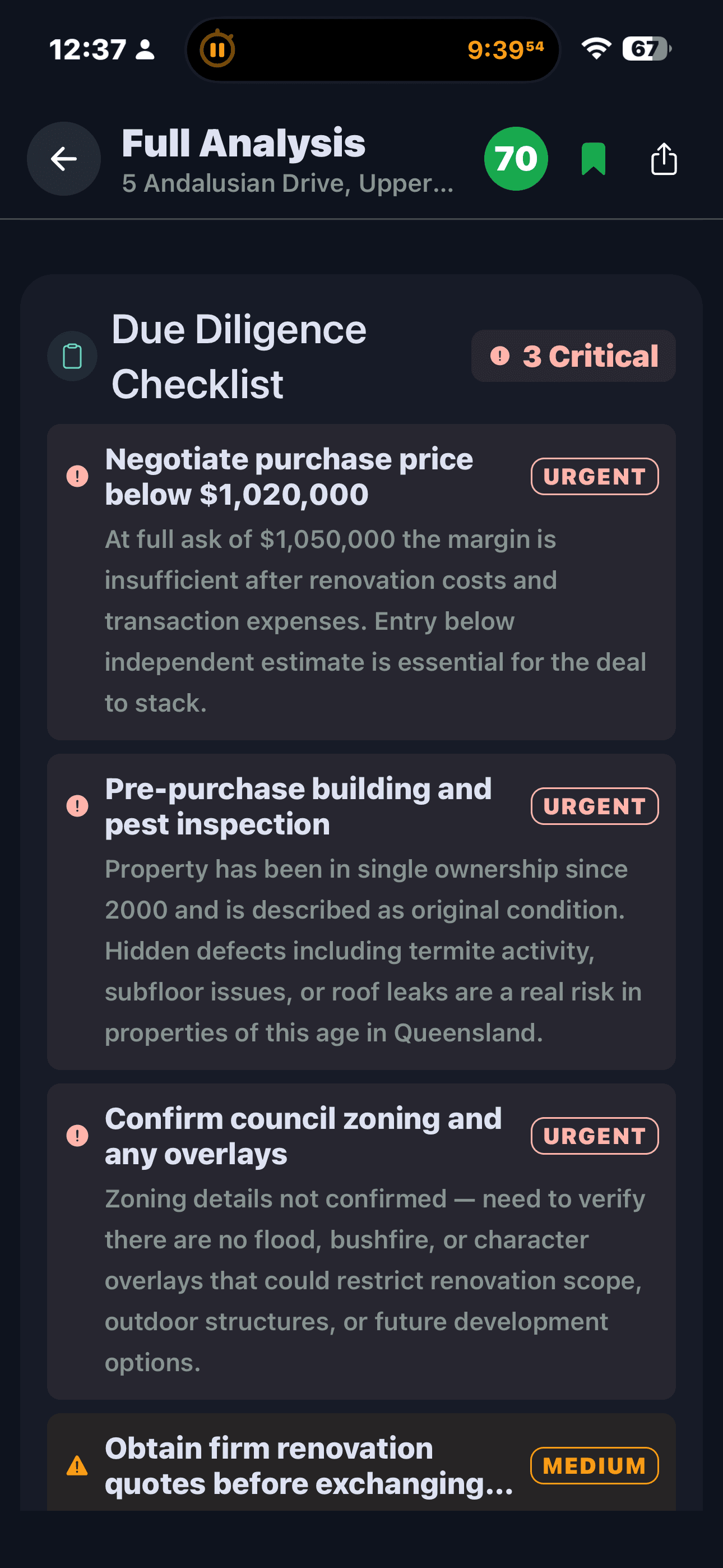 FlipPro AI Full Analysis Due Diligence Checklist with 3 Critical items including price negotiation, pre-purchase building and pest inspection, and council zoning overlay verification