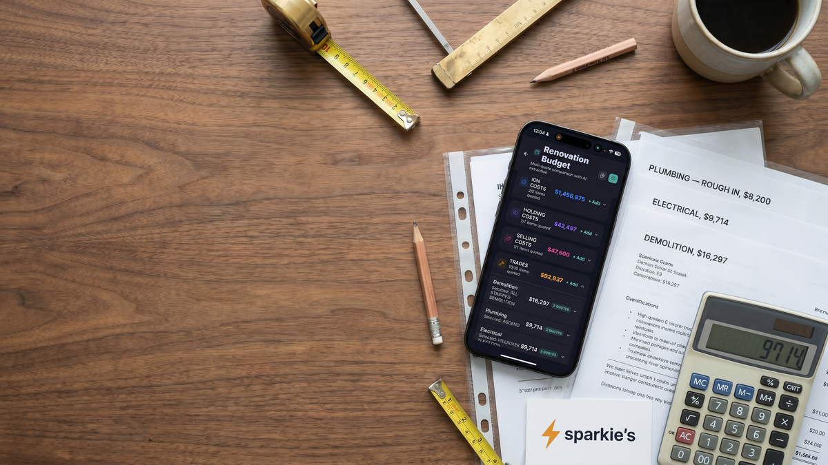 iPhone showing FlipPro AI's Renovation Budget with multi-quote AI extraction across Trades, Holding Costs and Selling Costs, on a walnut workbench surrounded by three printed tradie quote PDFs (plumbing, electrical, demolition), a calculator, a sparkie's business card and a brass measuring tape