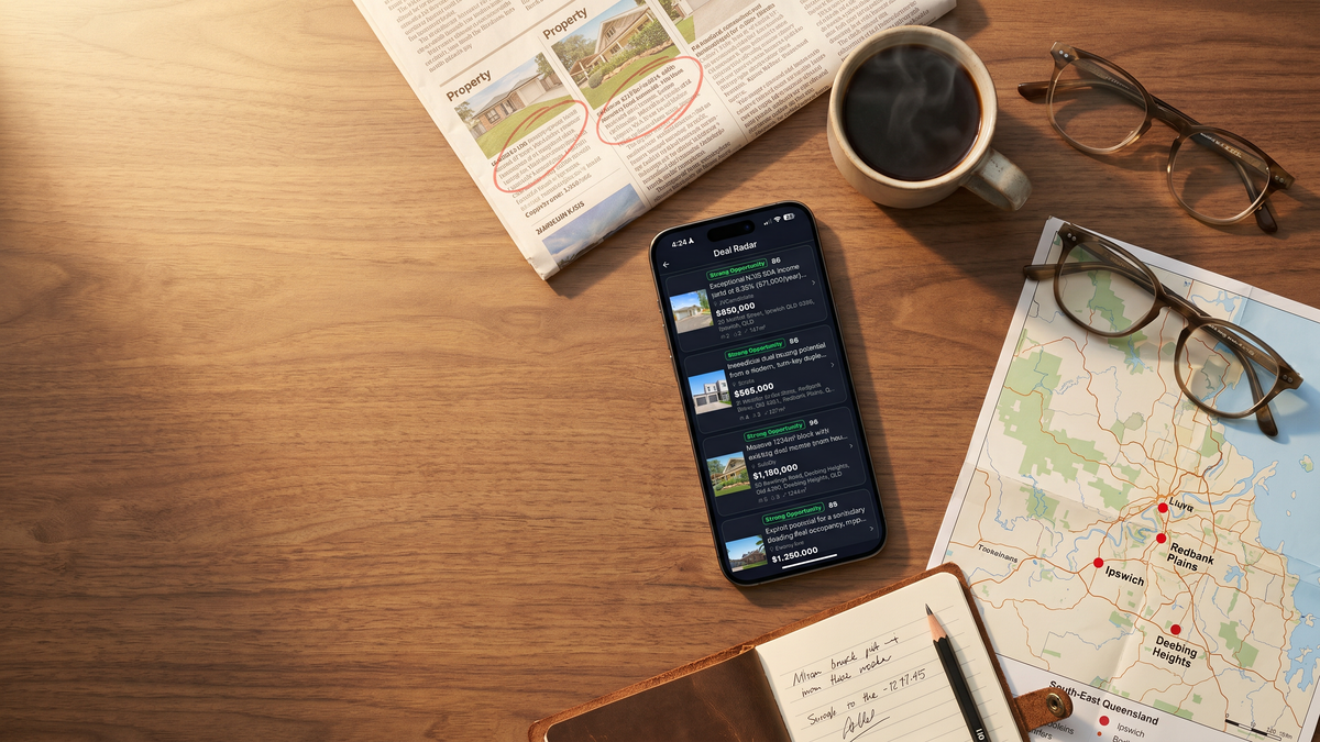 iPhone showing FlipPro AI Deal Radar feed of four scored Australian property opportunities in Ipswich and Redbank Plains, on a walnut workbench in a morning-brief composition with a folded financial newspaper showing circled listings, a coffee mug, horn-rimmed reading glasses and a paper map of South-East Queensland with red dot markers