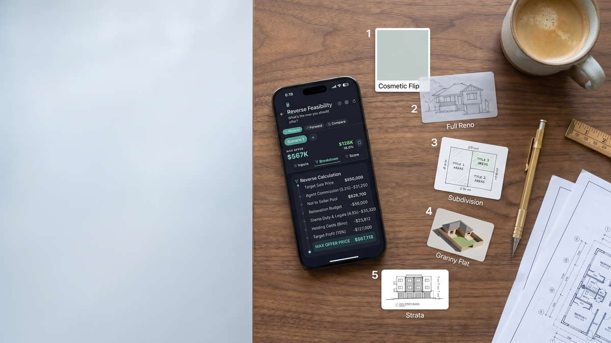 iPhone showing FlipPro AI's reverse feasibility with $567K max offer, on a walnut workbench surrounded by a paint swatch, architectural sketches of full reno, subdivision, granny flat and strata strategies, plans and a pencil