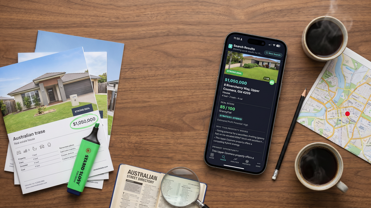 iPhone showing FlipPro AI's search results with a $1,050,000 STRONG DEAL property in Upper Coomera scoring 85/100 with a Hybrid strategy, on a walnut workbench surrounded by printed real-estate brochures, a folded street directory, a green highlighter, a folded city map with a red marker dot and a coffee mug